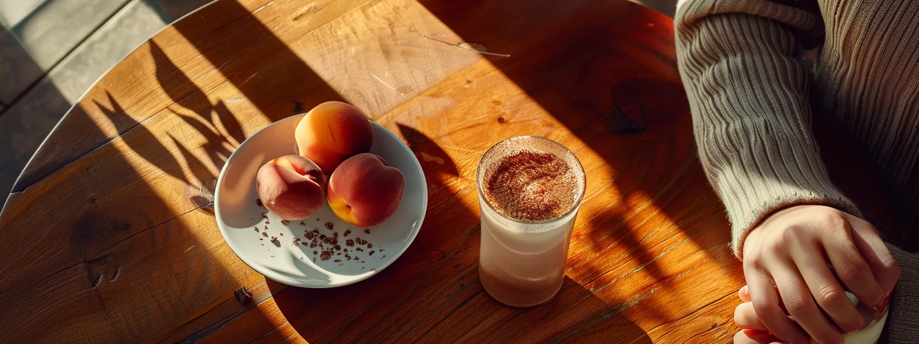 a person drinking a chocolate-flavored shake with a bowl of ripe peaches next to them.
