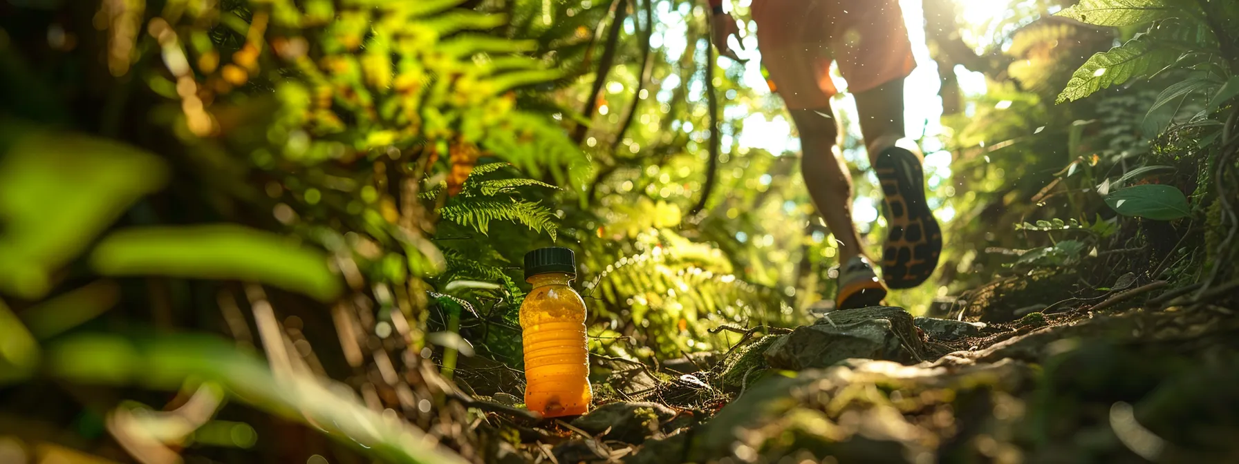 a person energetically running up a mountain trail with a bottle of tangy tangerine in hand, surrounded by lush green foliage.