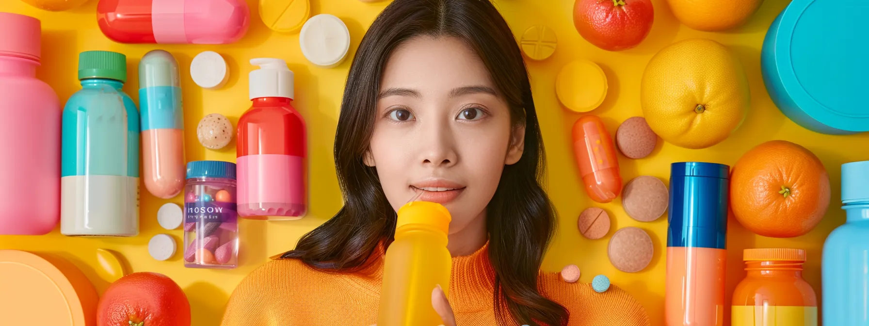a woman holding a bottle of tangy tangerine, surrounded by various colorful bottles of supplements and powders.